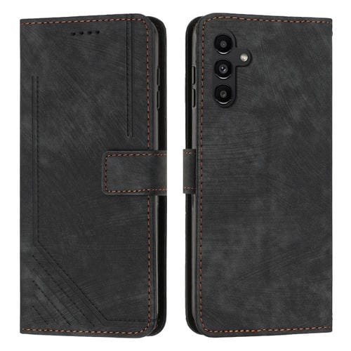 Funda de Cuero Samsung Galaxy A15 Skin Feel con Patrón de Rayas y Cordón (Negro)