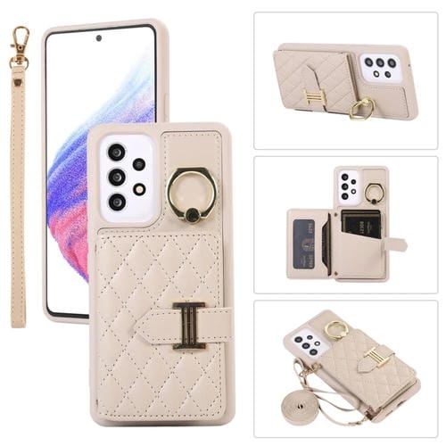 Funda para Samsung Galaxy A52 5G Horizontal Card Bag Ring Holder con Doble Cordón (Beige)