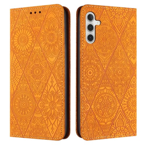 Funda de teléfono Samsung Galaxy A55 cuero adsorción en relieve étnico (Amarillo)
