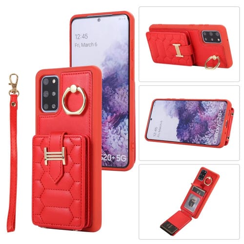 Estuche para Teléfono Samsung Galaxy S20+ con Soporte de Anillo y Bolsa de Tarjeta Vertical con Cordón Doble (Rojo)