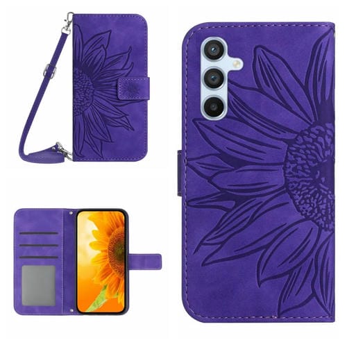 Funda de Cuero Samsung Galaxy A35 5G Skin Feel Sun Flower con Tapa En Relieve y Cordón (Púrpura Oscuro)