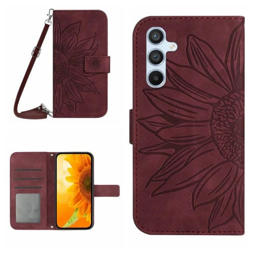 Funda para Teléfono Samsung Galaxy A55 5G Skin Feel Sun Flower Cuero con Tapa en Relieve y Cordón (Rojo Vino)