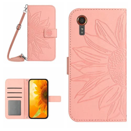 Funda de Cuero Samsung Galaxy Xcover 7 5G Skin Feel Sun Flower con Tapa En Relieve y Cordón (Rosa)