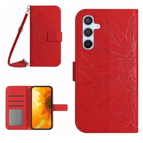 Funda de Cuero Samsung Galaxy M15 5G Skin Feel Sun Flower con Tapa En Relieve y Cordón (Rojo)