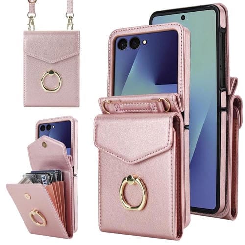 Funda para Samsung Galaxy Z Flip7 5G con ranura para tarjeta RFID y textura Litchi, con soporte para anillo (oro rosa)