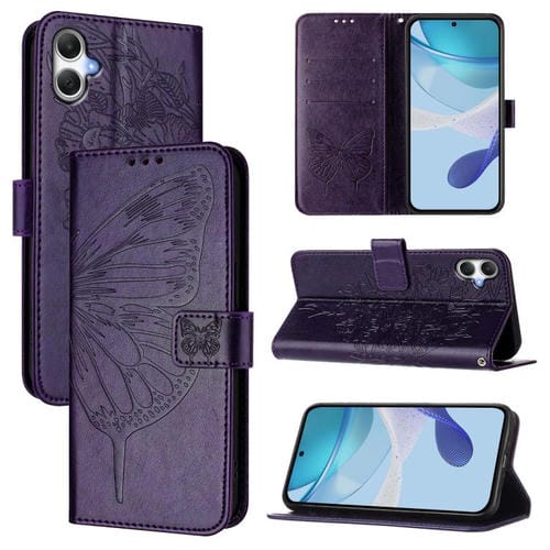 Funda de Cuero Samsung Galaxy A06 4G/5G Diseño Mariposa En Relieve (Morado Oscuro)