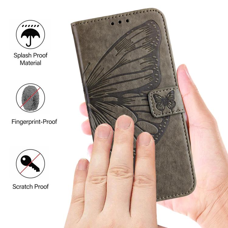 Funda de piel con diseño de mariposa en relieve para Samsung Galaxy A17 5G (gris)