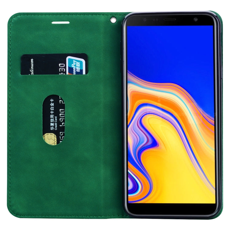 Estuche Cuero Pu Samsung Galaxy J4 Plus (2018) Tapa Horizontal Magnética Soporte Ranura Tarjeta Cordón (Verde)