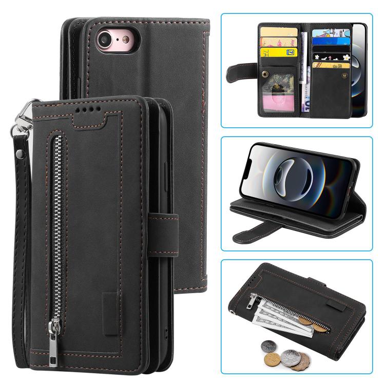 Funda de Cuero para iPhone 16E con Cremallera y Cordón (Negro)