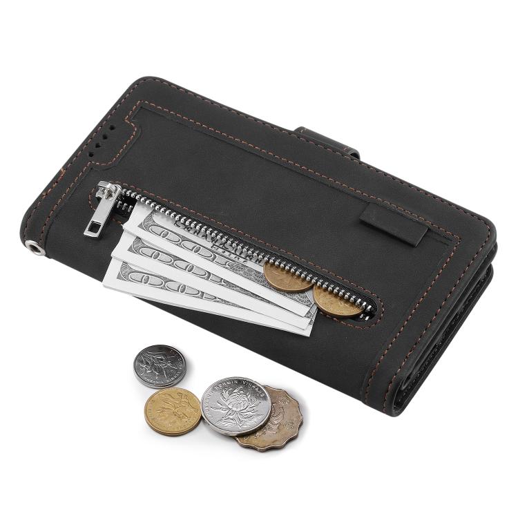 Funda de Cuero para iPhone 16E con Cremallera y Cordón (Negro)
