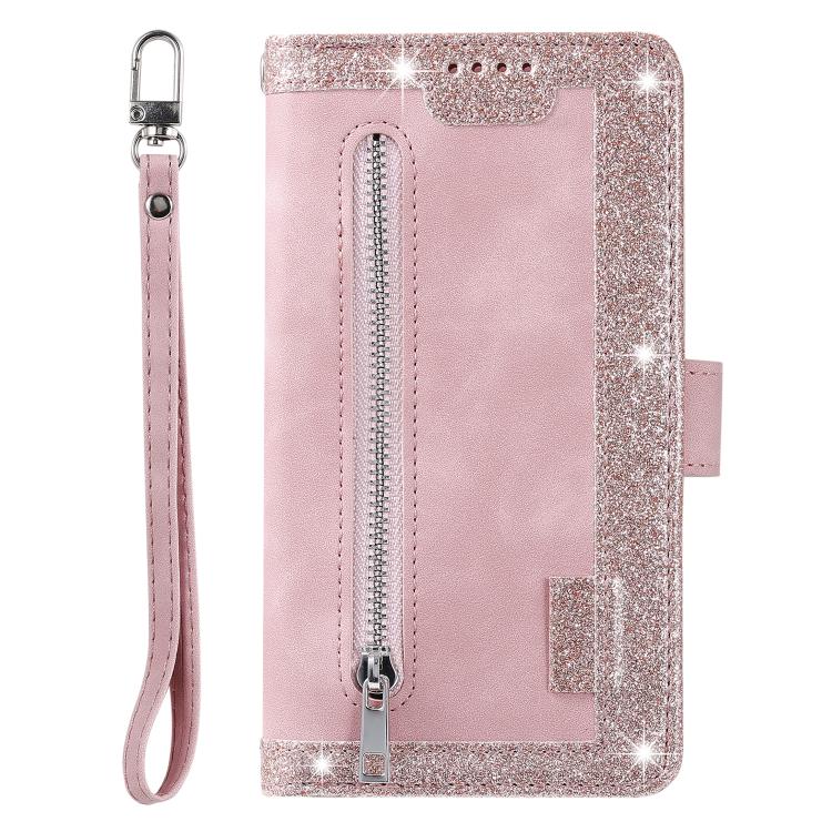 Funda de Cuero para iPhone 16E con Cremallera y Cordón (Rosa)