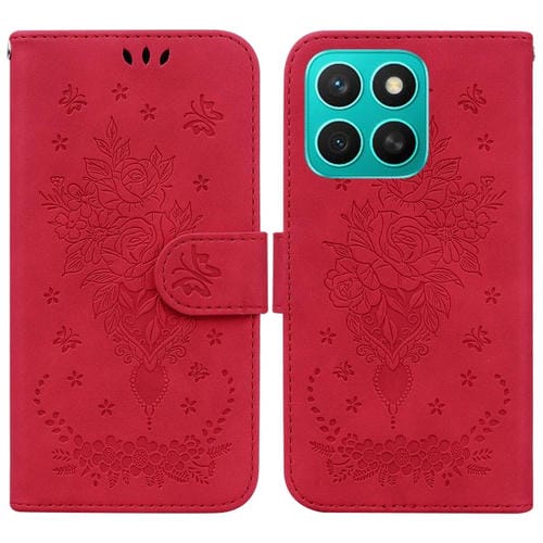Funda de Cuero con Relieve Mariposa y Rosa para Honor X8C 4G (Roja)
