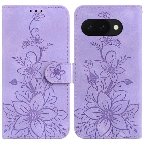 Funda de Cuero con Relieve de Lirios para Google Pixel 9A (Morado)