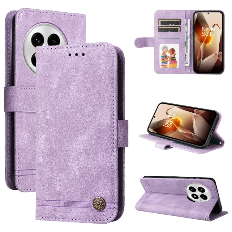 Funda de Cuero con Botones de Metal y Diseño Árbol de la Vida para OnePlus 13 (Morado)