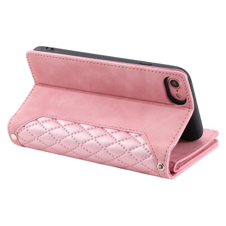 Funda de Cuero con Cremallera para iPhone 16E Textura Cuadrícula con Cordón (Oro Rosa)