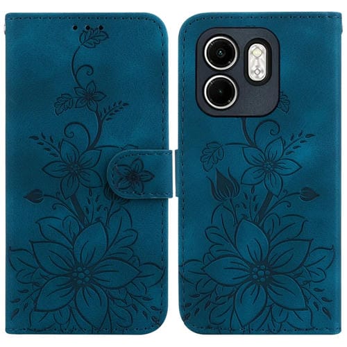 Funda de Cuero con Relieve de Lirio para Infinix Hot 50I Smart 9 (Azul Oscuro)