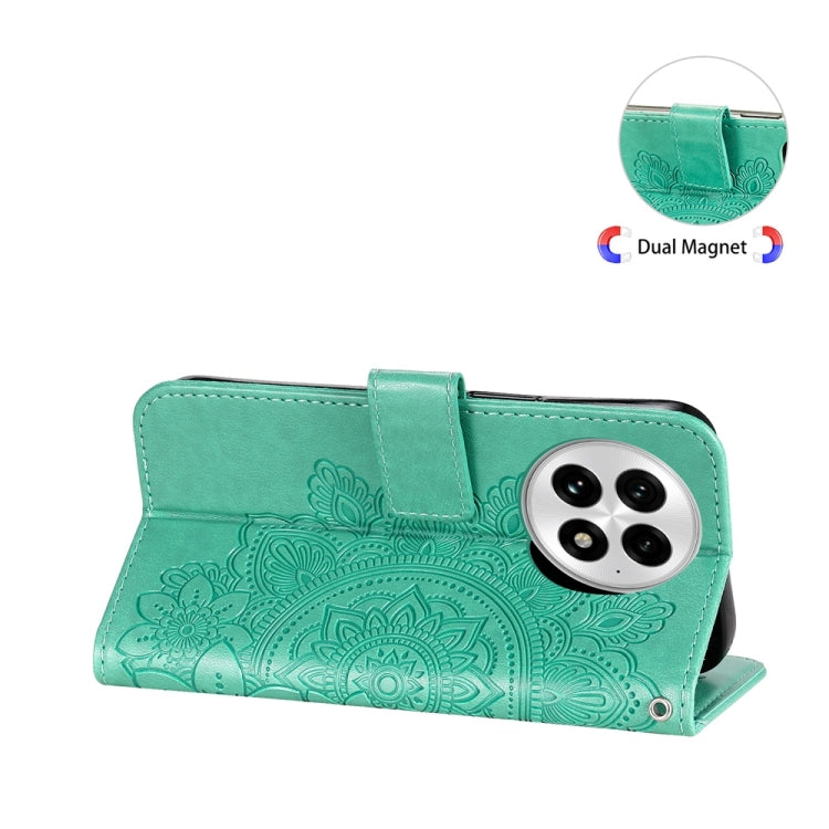 Funda de Cuero con Relieve Flores de Siete Pétalos para OnePlus 13 (Verde)