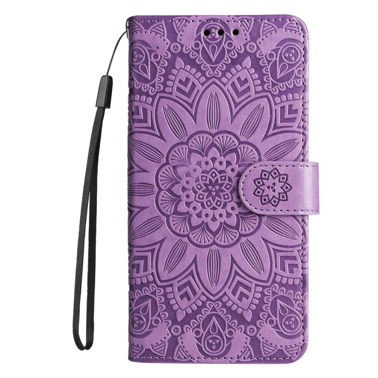 Funda de Piel para OnePlus 13 con Diseño de Girasol en Relieve (Morado)