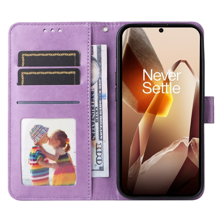 Funda de Piel para OnePlus 13 con Diseño de Girasol en Relieve (Morado)