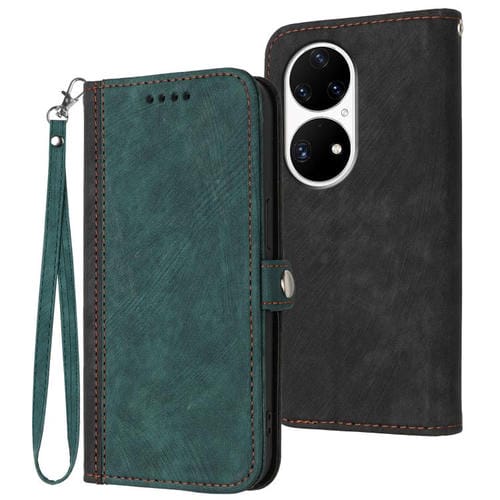 Funda de Cuero para Huawei P50 Pro con Correa de Mano y Hebilla Lateral Doble (Verde Oscuro)