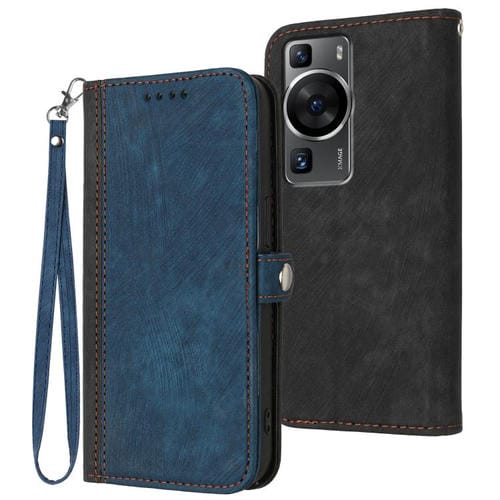 Funda de Cuero para Huawei P60 y P60 Pro con Correa de Mano y Hebilla Lateral Doble (Azul Real)