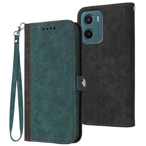 Funda de Cuero para Motorola Moto G05 con Correa de Mano y Hebilla Lateral Doble (Verde Oscuro)