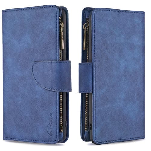 Estuche para Samsung Galaxy A10 M10 Skin Feel Cuero Pu Cremallera Magnética Tapa Horizontal Ranuras Tarjetas Soporte Billetera Marco Fotos Cordón (Azul)
