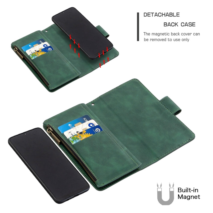 Estuche de Cuero PU Samsung Galaxy A50 A30S A50S con Cremallera Magnética Desmontable Tapa Horizontal Ranuras para Tarjetas Soporte Billetera Marco Fotos Cordón (Verde)