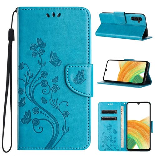 Funda de Teléfono Samsung Galaxy A15 Cuero con Tapa y Patrón de Flores de Mariposa (Azul)