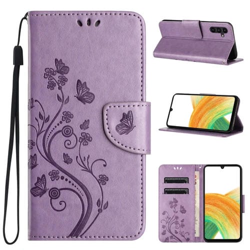 Funda de Cuero para Samsung Galaxy A15 con Tapa y Patrón de Flores de Mariposa (Púrpura Claro)