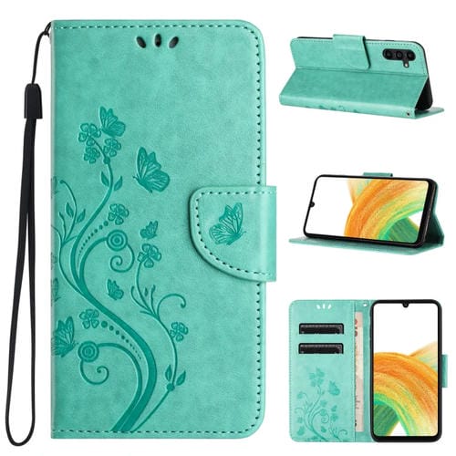 Funda de Teléfono Samsung Galaxy A35 Cuero con Tapa Patrón Flores Mariposa (Verde)