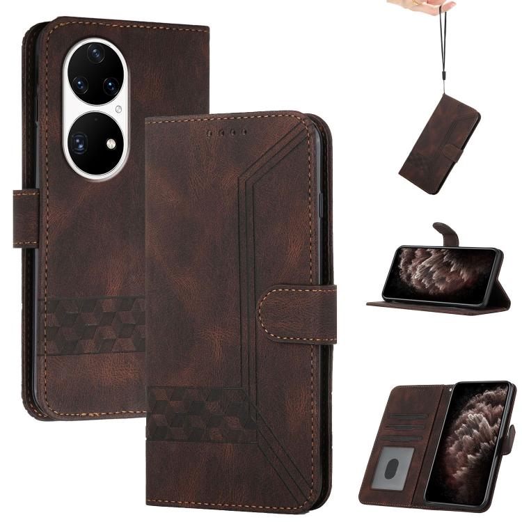 Funda de Cuero con Tapa y Tacto de Piel Cúbica para Huawei P50 Pro (Marrón)