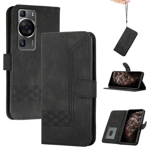 Funda de Cuero con Tapa y Tacto Cúbico para Huawei P60 y P60 Pro (Negra)