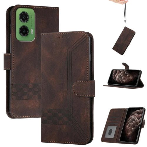 Funda de Cuero con Tapa y Tacto de Piel Cúbica para Motorola Moto G35 (Marrón)