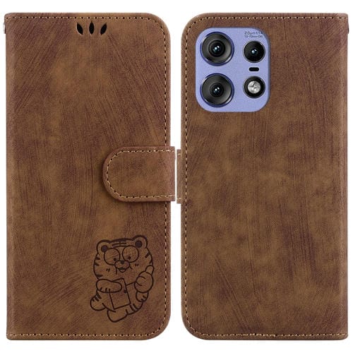 Funda de Cuero para Motorola Edge 50 Pro Little Tiger en Relieve (Marrón)
