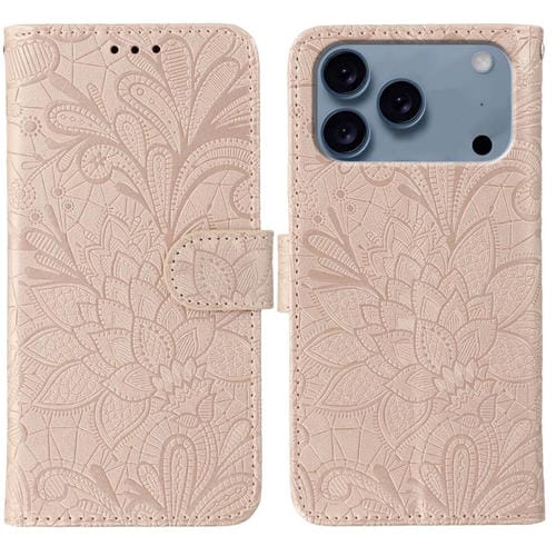 Funda de cuero con tapa y estampado floral para iPhone 17 Pro (oro rosa)