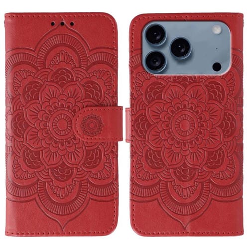Funda de cuero con estampado de mandala solar para iPhone 17 Pro (roja)