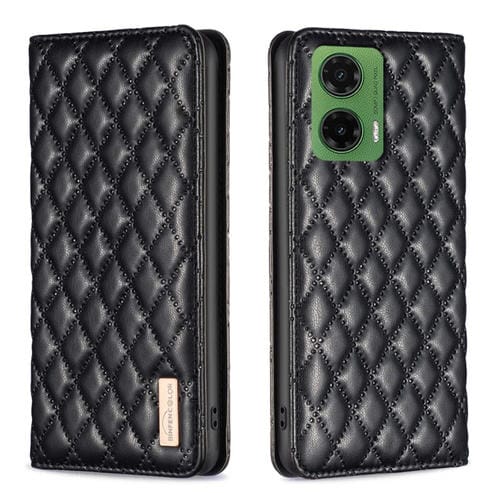 Funda de Cuero Magnética con Tapa Tipo Diamante para Motorola Moto G35 (Negra)