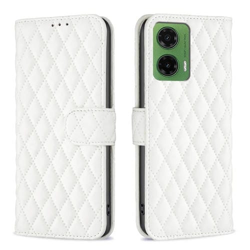 Funda de Cuero Tipo Billetera para Motorola Moto G35 con Tapa y Diseño de Celosía (Blanca)