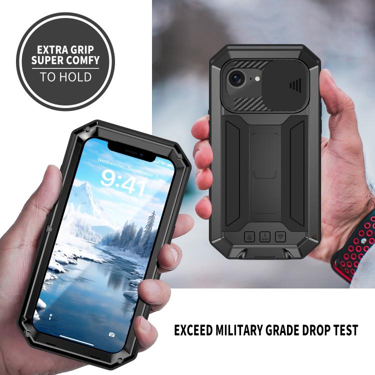 Funda para teléfono R-Just iPhone 16E soporte impermeable IP54 cámara deslizante (Negra)