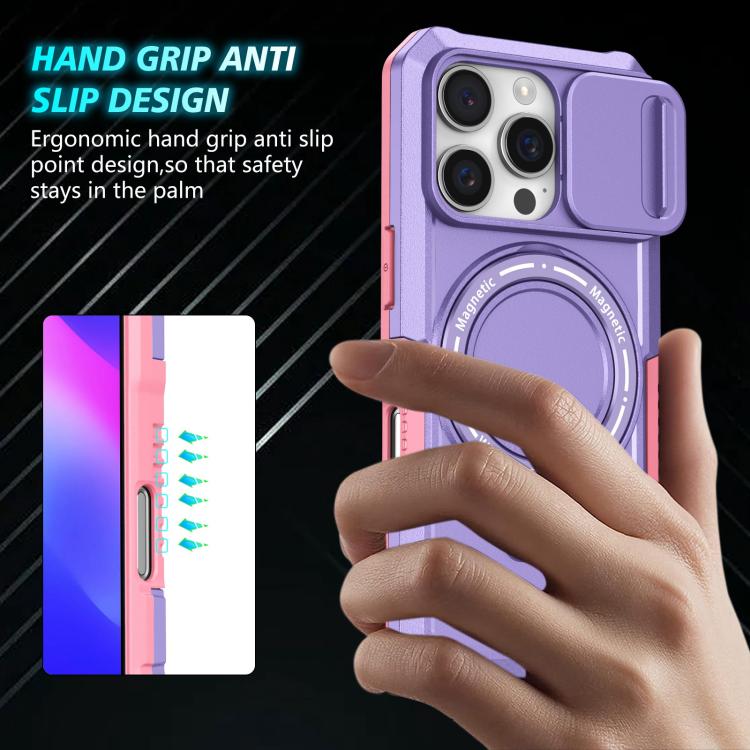 Funda híbrida TPU y PC con Soporte Magsafe y Protección deslizante para iPhone 16 Pro Max (Rosa y Morado)