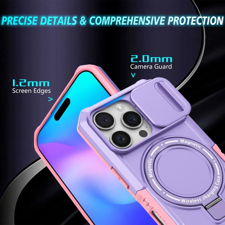 Funda híbrida TPU y PC con Soporte Magsafe y Protección deslizante para iPhone 16 Pro Max (Rosa y Morado)