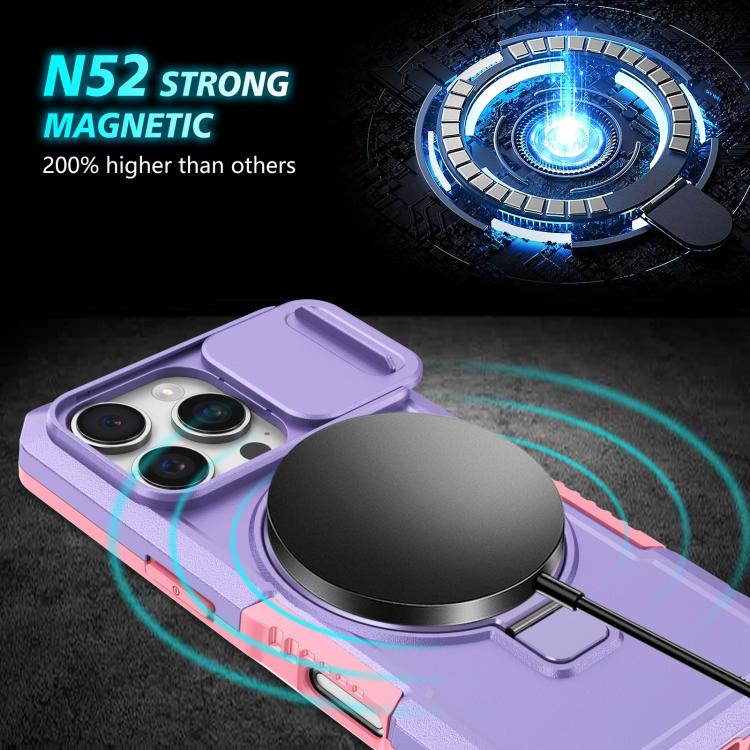Funda híbrida TPU y PC con Soporte Magsafe y Protección deslizante para iPhone 16 Pro Max (Rosa y Morado)