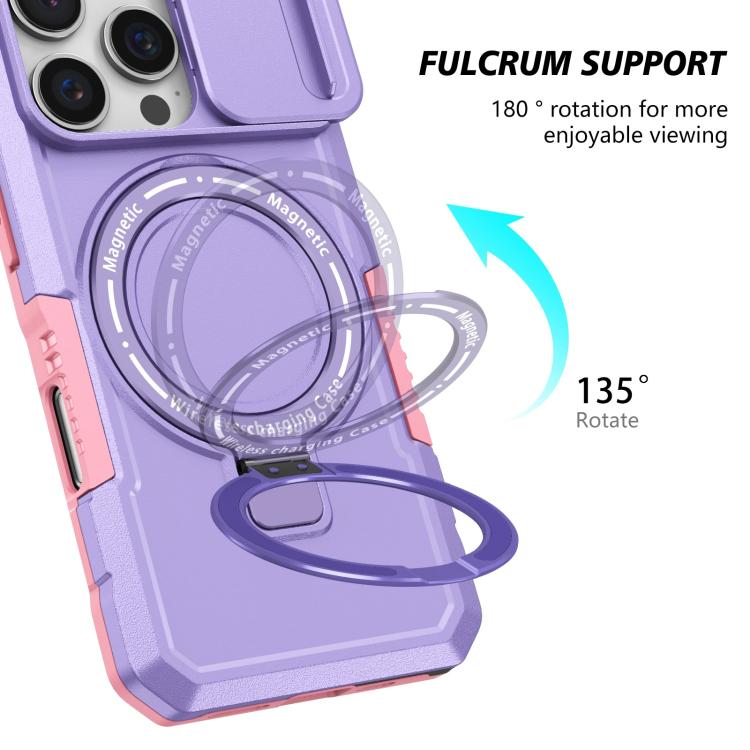 Funda híbrida TPU y PC con Soporte Magsafe y Protección deslizante para iPhone 16 Pro Max (Rosa y Morado)