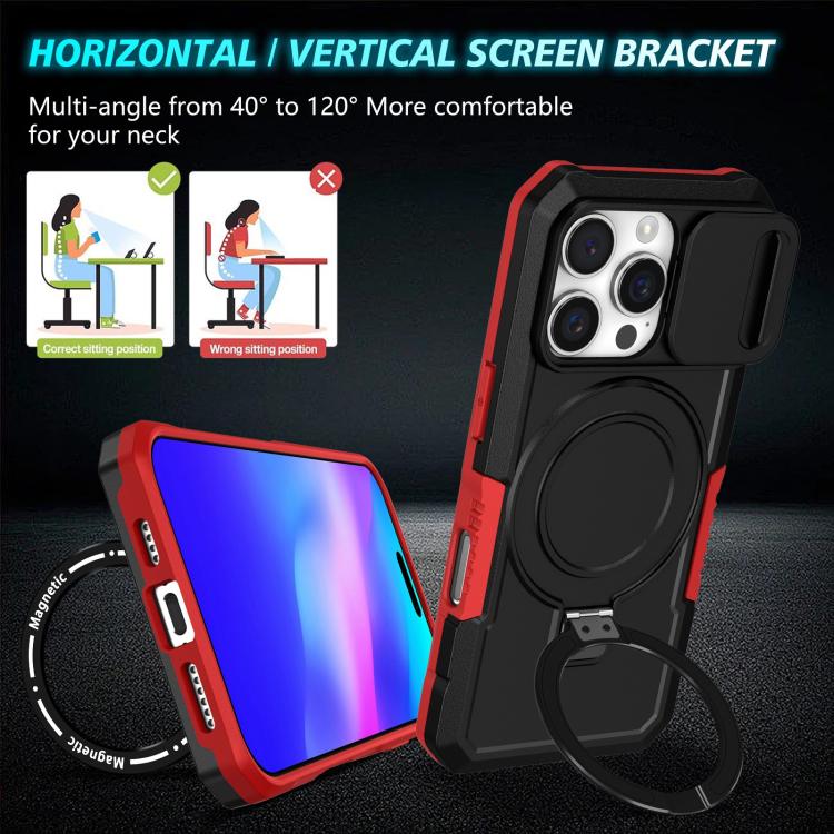 Funda híbrida TPU y PC con soporte Magsafe y protección deslizante para iPhone 16 Pro Max (Negro y Rojo)