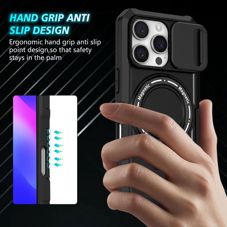 Funda híbrida TPU y PC con soporte Magsafe y protección deslizante para iPhone 16 Pro (Negra)