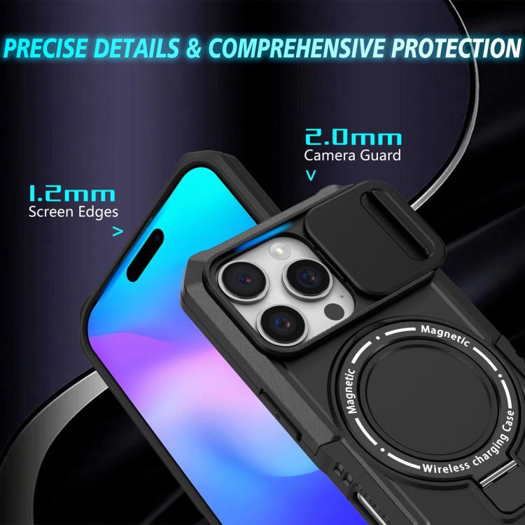 Funda híbrida TPU y PC con soporte Magsafe y protección deslizante para iPhone 16 Pro (Negra)