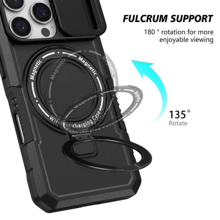 Funda híbrida TPU y PC con soporte Magsafe y protección deslizante para iPhone 16 Pro (Negra)