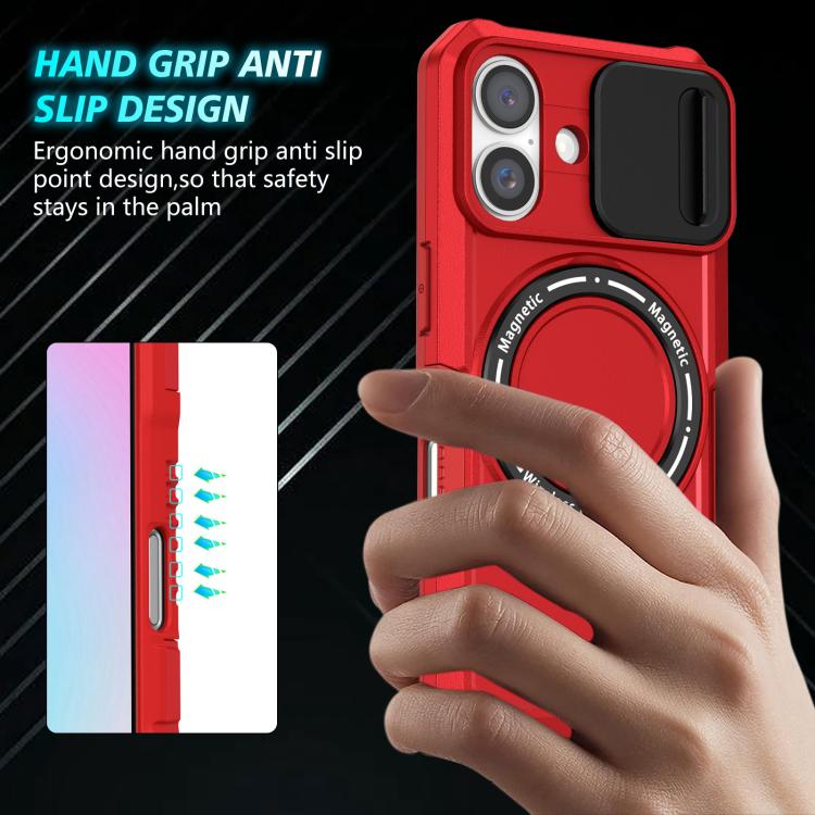 Funda híbrida TPU PC con Soporte Magsafe y Protección deslizante para iPhone 16 Plus (Rojo)