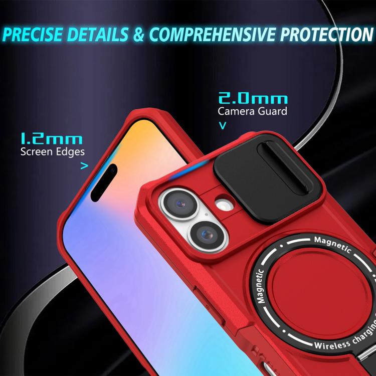 Funda híbrida TPU PC con Soporte Magsafe y Protección deslizante para iPhone 16 Plus (Rojo)